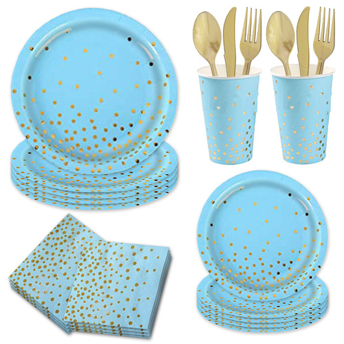 Scattered dots blue hot stamping party set disposable paper plates paper cups paper towels tableware dinner plate set party