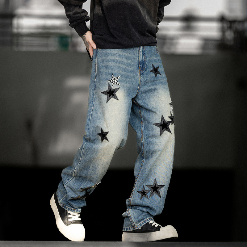 New Trendy Brand Loose Cro Five-Pointed Star Lightning Dirty Pants Straight Wide-Leg Pants American High Street Printed Jeans