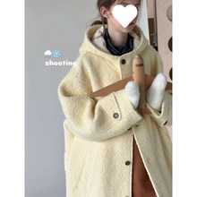 叙写冬天’复古毛呢撞色格纹宽门襟连帽长款大衣2024秋冬通勤外套