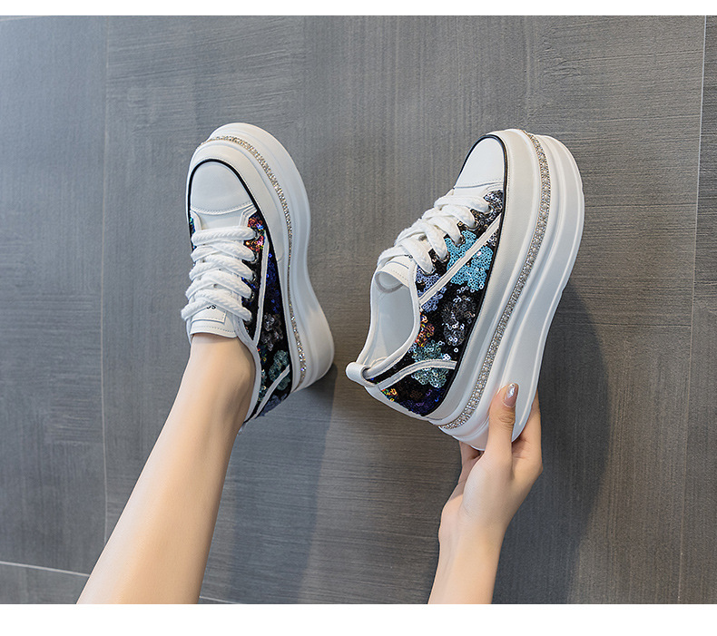 Giày sneaker nữ đế dày tăng chiều cao đính sequin phong cách tân Trung Hoa — M2577 tím đen, M2577 màu bạc, M2577 màu hồng chi tiết 24
