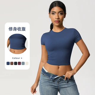 拼接休闲百搭紧身短袖瑜伽服女跑步健身普拉提运动速干T恤上衣