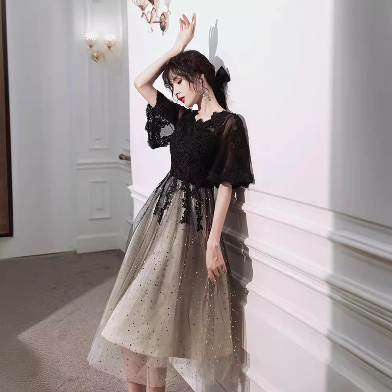 Black Evening Dress 2026 Summer New Model for Annual Party, Elegant for Female Host, Covers the Belly and Makes You Look Slimmer, Suitable for Everyday Wear