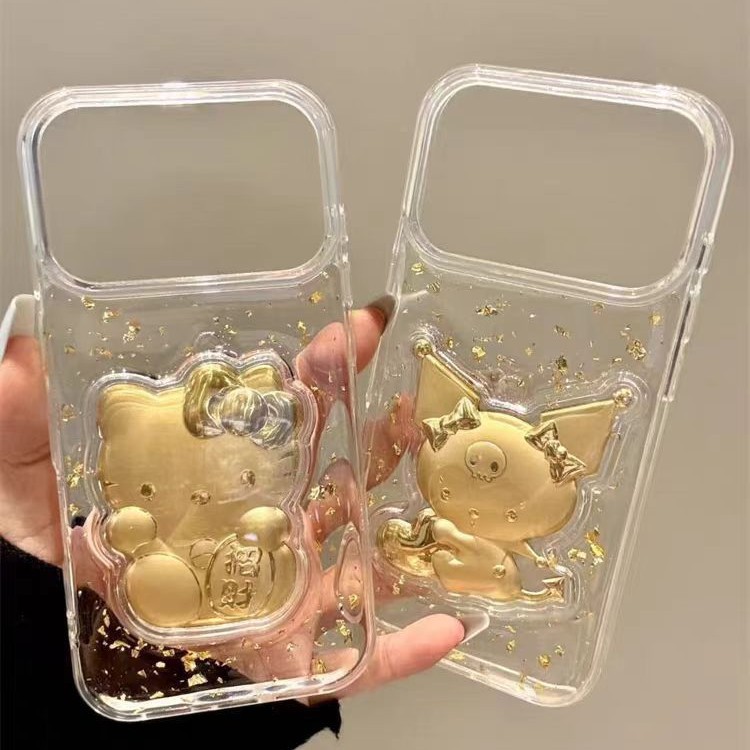 Gold Foil Stereo Kt Cat Kuromi Suitable for Apple 17Promax Mobile Phone Case 15 New Iphone16 High-End Sense