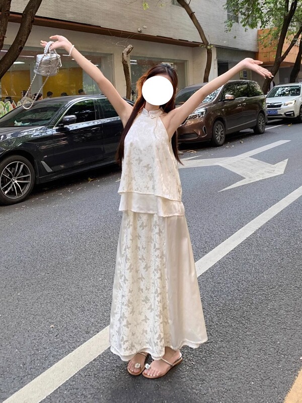 新中式国风旗袍清冷感禅意穿搭一整套挂脖上衣半身裙子套装女夏季|undefined
