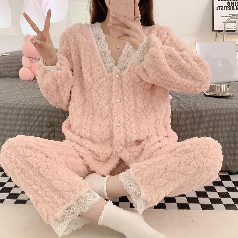 가을과 겨울 기모 두꺼운 가족 잠옷 여성 플란넬 홈 옷 세트 스타일 귀여운 외부 따뜻한