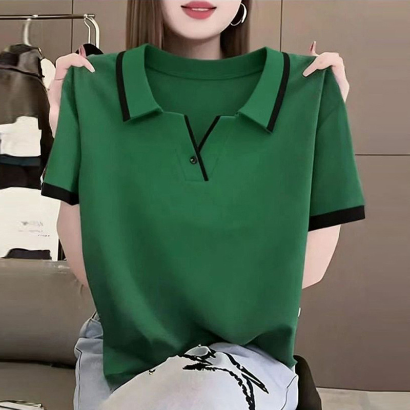 纯棉弹力时尚休闲撞色翻领POLO衫女夏季短袖套头简约通勤有领T恤