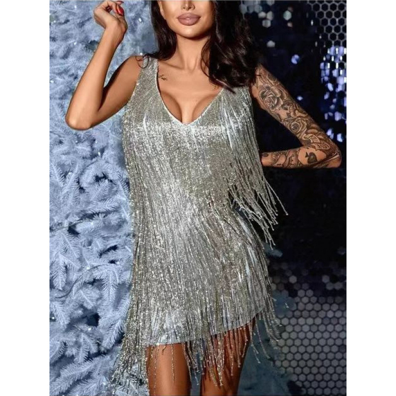 Wish Amazon Aliexpress Low-Cut V Neck Sexy Deep Sleeveless Pencil Skirt High-End Tassel Dress Ins