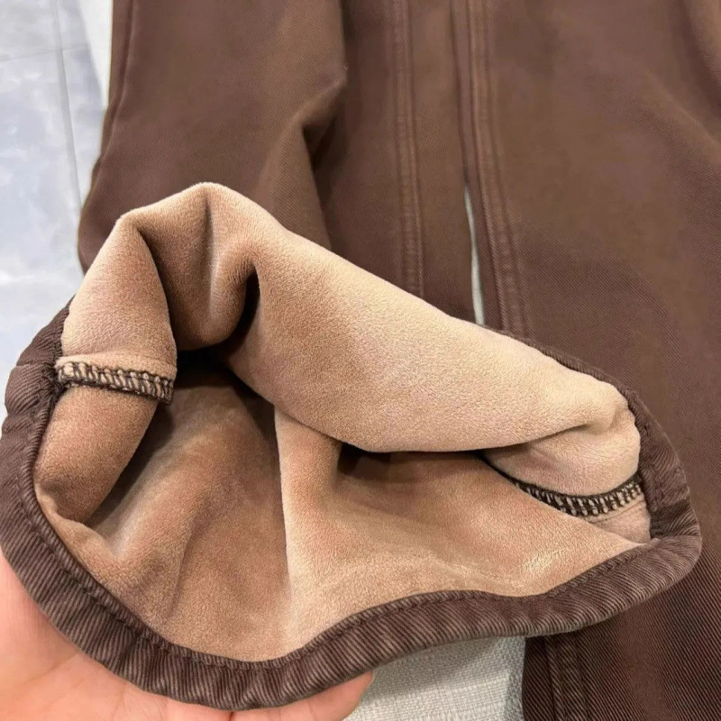 メイラードブラウン裏起毛厚手ワイドレッグジーンズ レディース 2025秋冬 ハイウエストゆったり着痩せストレートパンツ