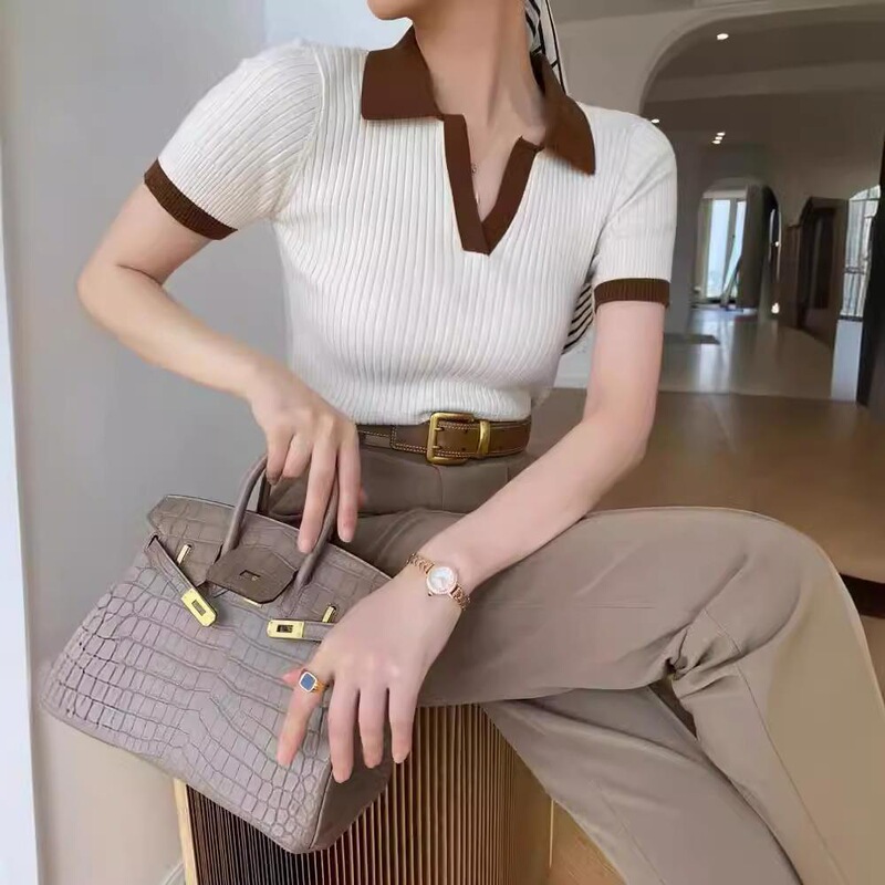 French-Style Elegant Lapel Color-Block Knit Sweater Summer Women's Elegant Slim Short-Sleeve Thin Niche T-Shirt Top