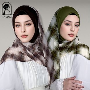 High-grade Winding Scarf Lightweight Chiffon Ethnic Hijab All-match Plaid Color Matching Ethnic Style Comfortable Covering Scarf
