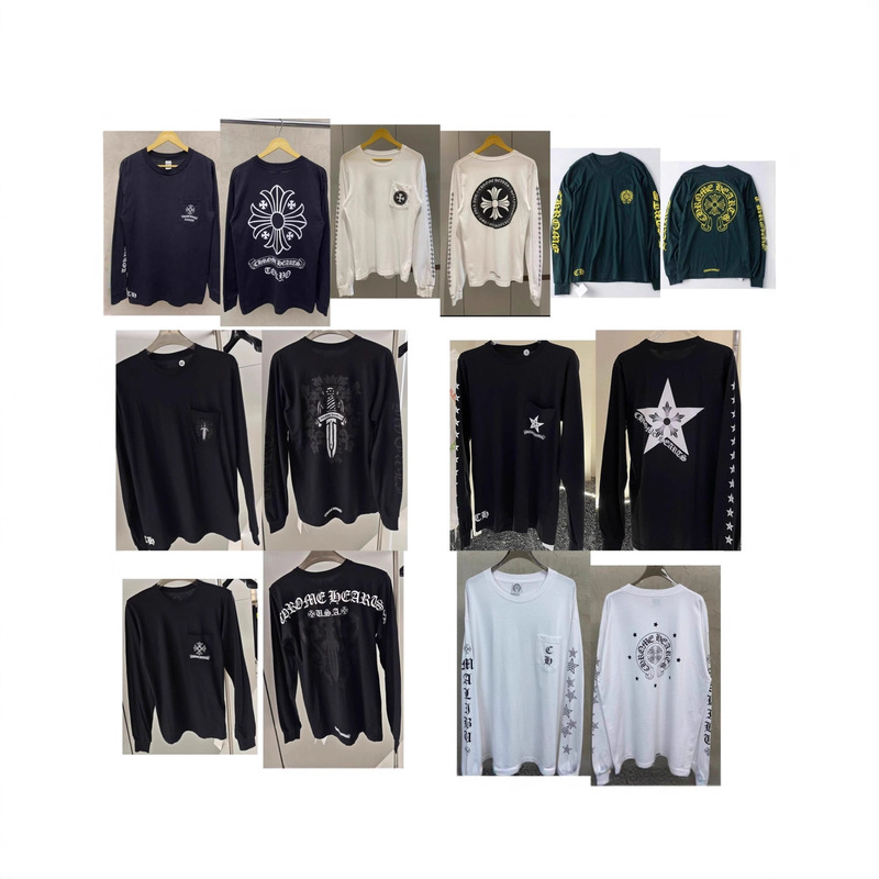 European and American Ch Trendy 2025 New Cross-Pattern Long-Sleeve Pocket Crew Neck Pullover Loose T-Shirt