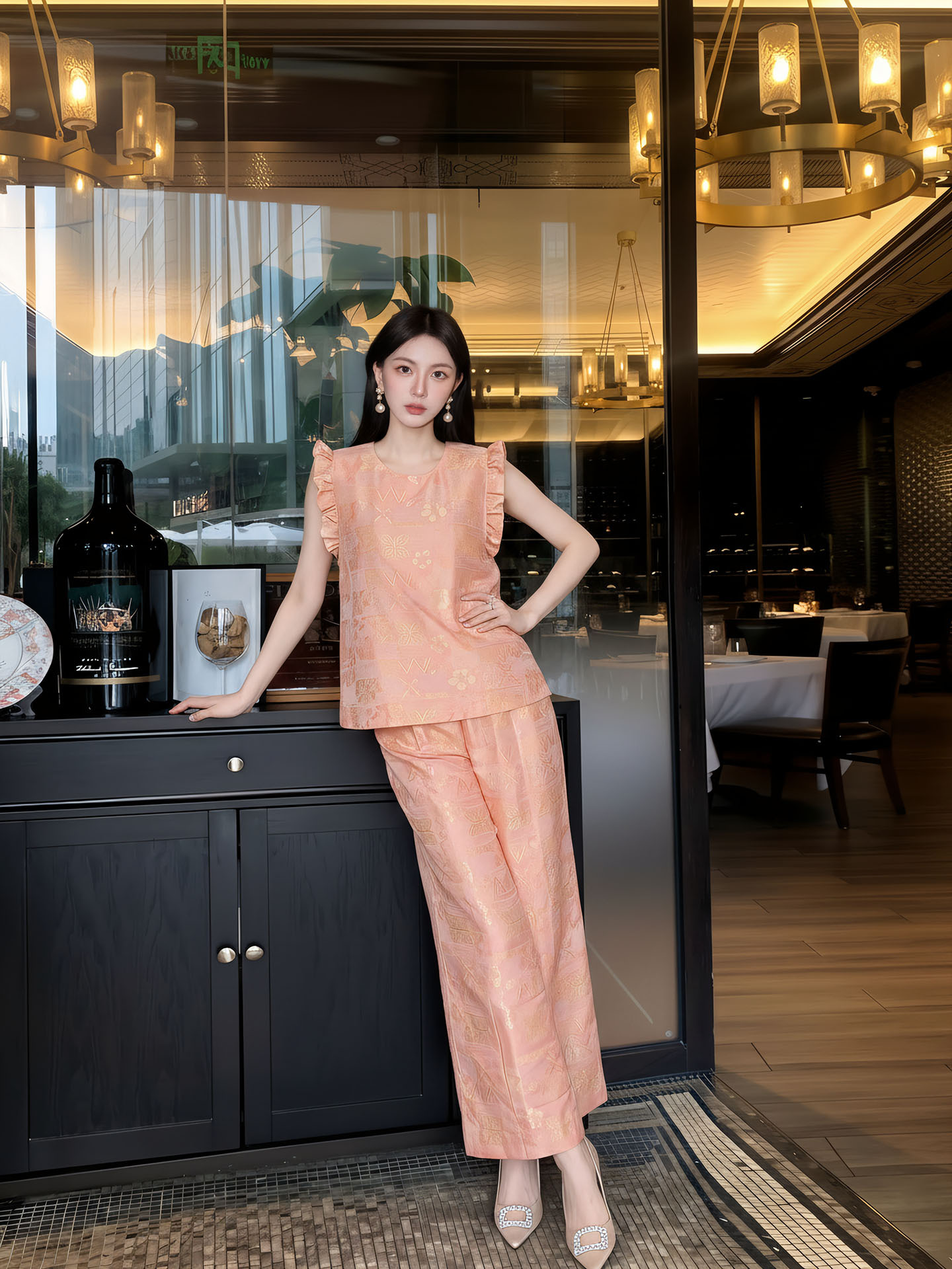 Bộ đồ nữ mùa hè phong cách tân trung hoa áo tay lửng phối quần ống rộng họa tiết jacquard — Trang chủ, bộ đồ, Quần dài