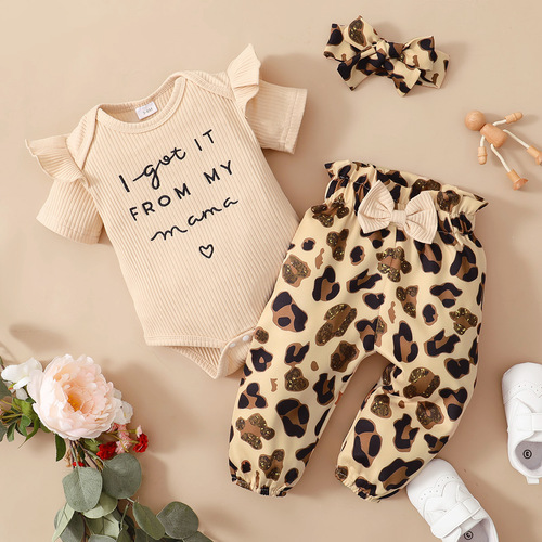 Amazon eBay Girls' Summer Cute Fashion Knit Three-Piece Set Short Sleeve Tunic Top Leopard Print Set