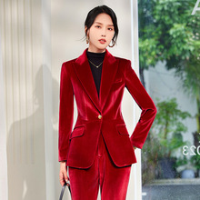 红色金丝绒西装套装女秋冬新款高端职业装气质主持人职场正装西服