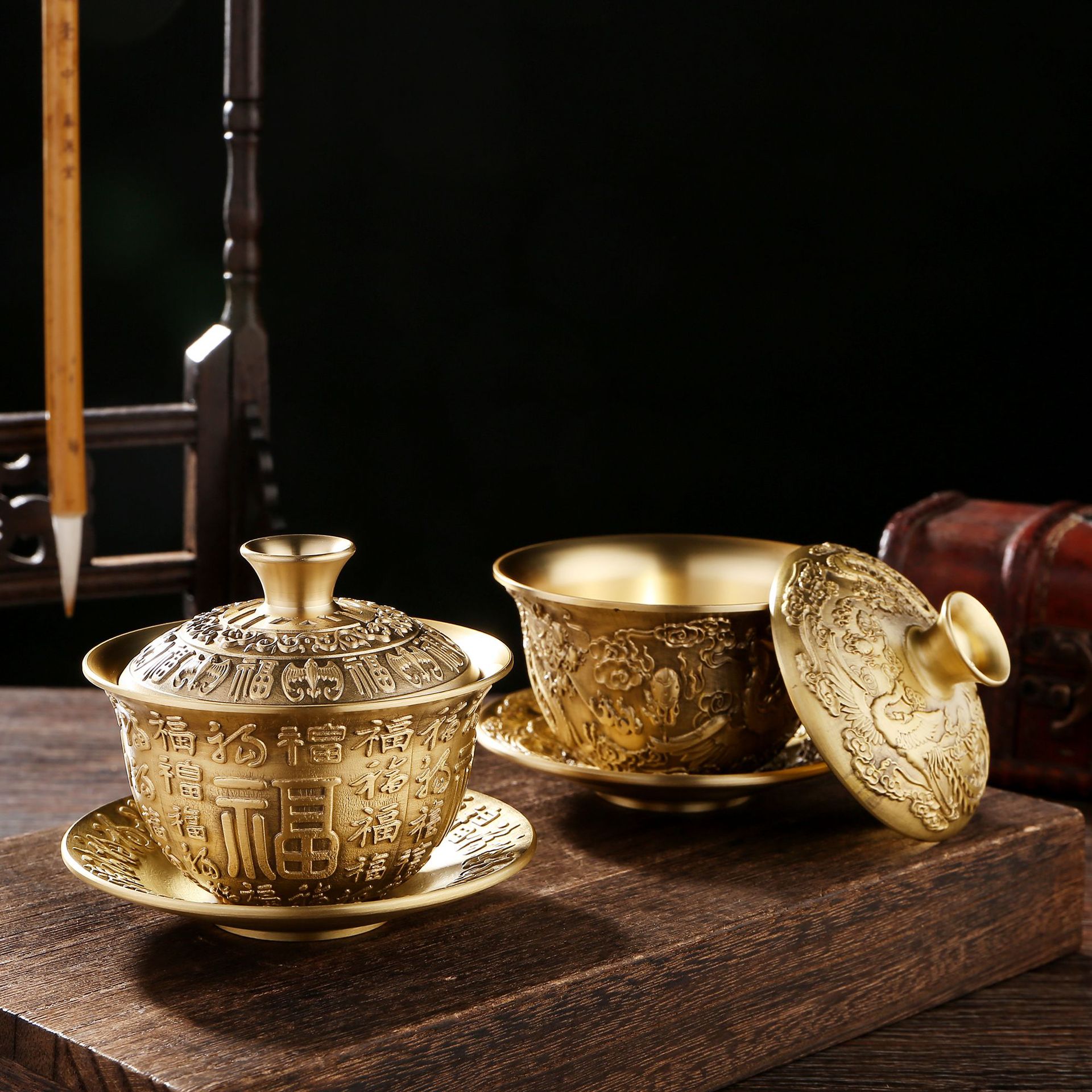 황동 Baifu 찻그릇 제공 물 컵 차 홀더 거실 클래식 홈 차 세트 골동품 청동 도자기 장식품