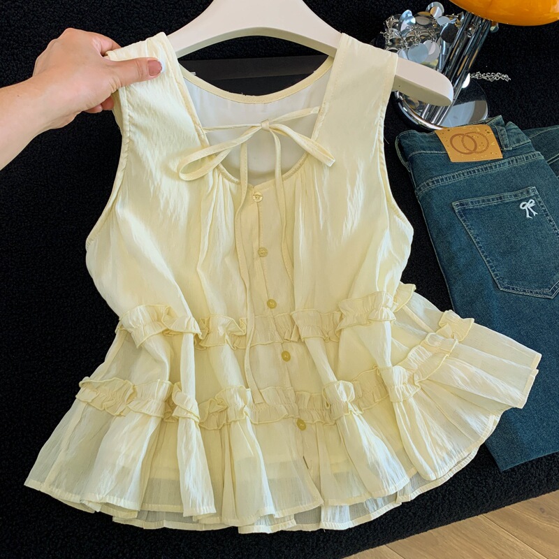 Real Shot of the New Summer Style Fashionable and Versatile Ruffled Design Sleeveless Shirt for Women, Loose Fit and Breathable Real Shot of the New Summer Style Fashionable and Versatile Ruffled Design Sleeveless Shirt for Women, Loose Fit and Breathable