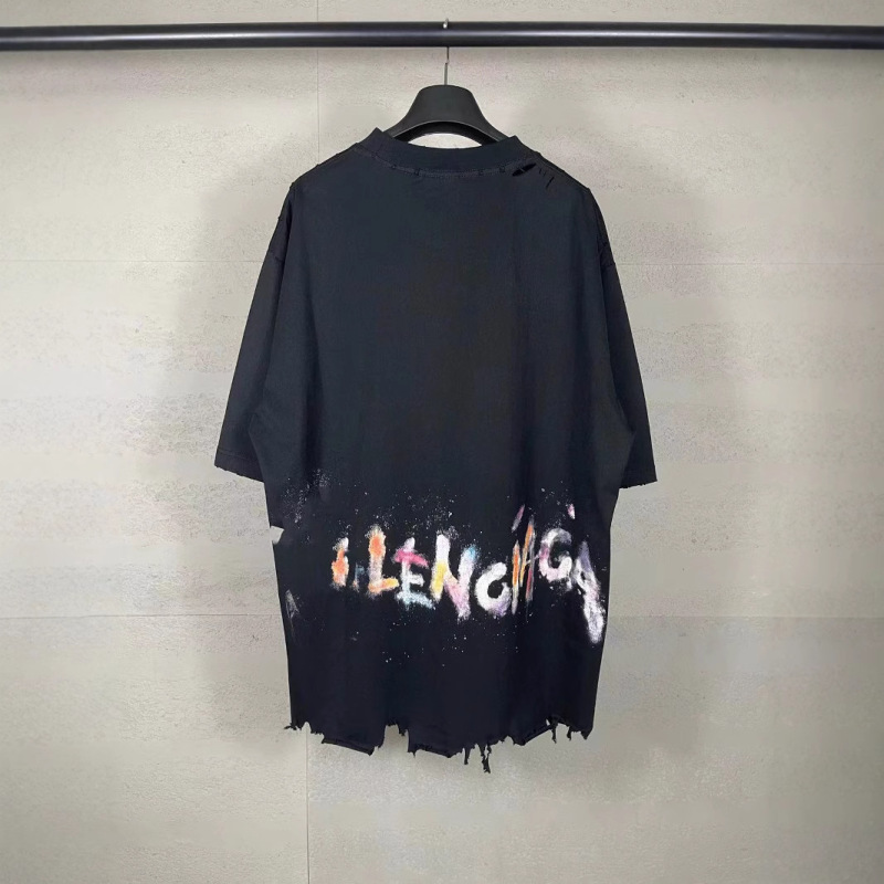 25SS 正しいバージョンのパリの新しい落書きと刺繍スパイククラシックロゴユニセックス B ラウンドネック半袖バッチ|undefined