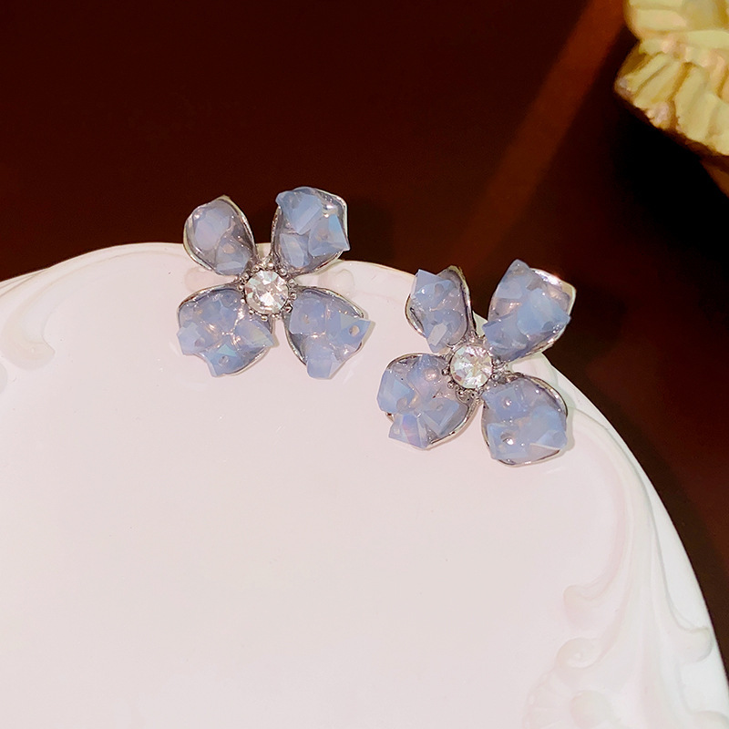 Agujas de plata con diamantes azules mariposa flor aretes de cristal coreanos delicados pequeños pernos frescos de moda para mujeres image 8