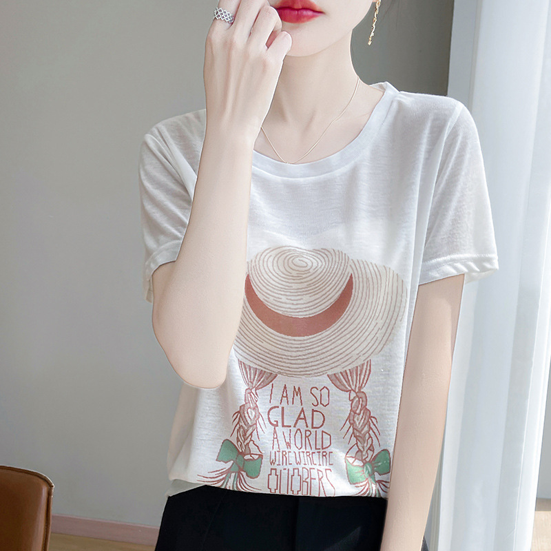 夏の新リヨセル半袖 Tシャツ女性のルーズスリムラウンドネックプリント麦わら帽子女の子テンセル Tシャツ|undefined