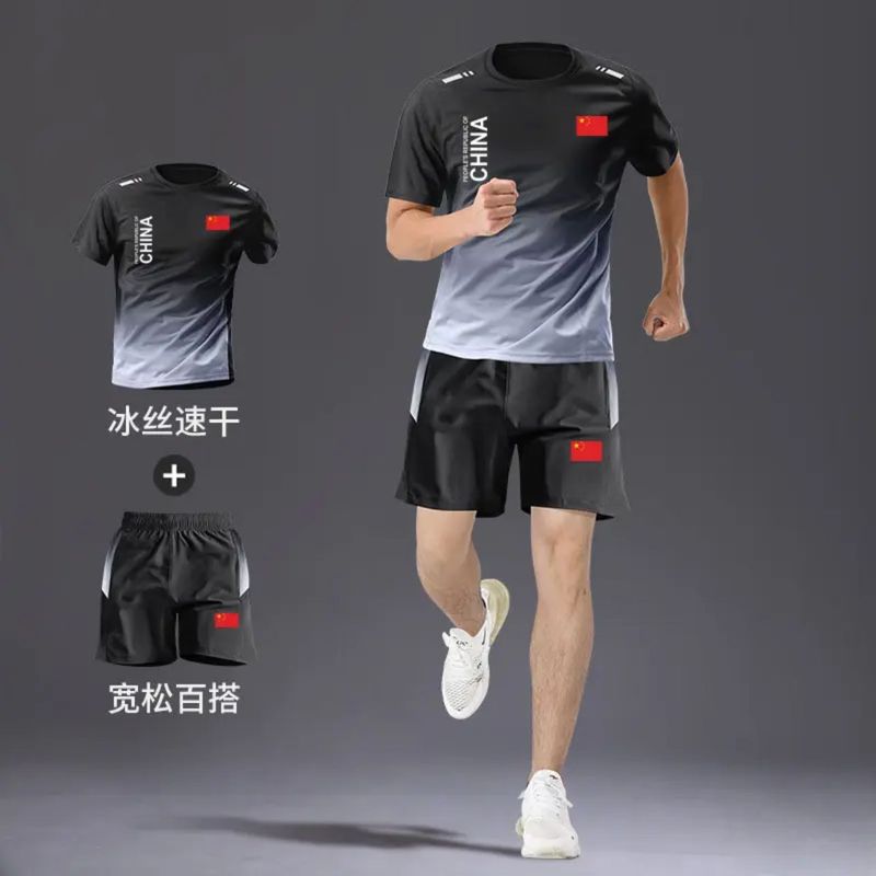 中国チームメンズスポーツスーツツーピース速乾性卓球カジュアル半袖5点パンツランニングフィットネススーツ|undefined