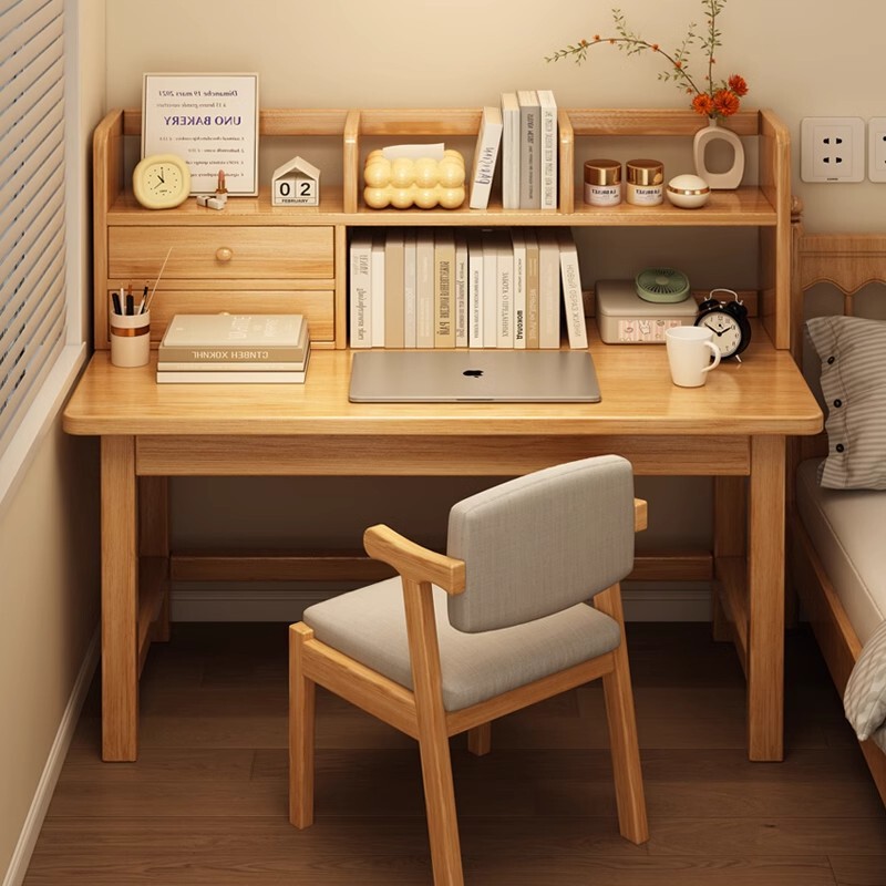 Solid Wood Desk Bookshelf Integrated Table Student Home Study Writing Desk Simple Desk Bedroom Office Desk Computer Desk