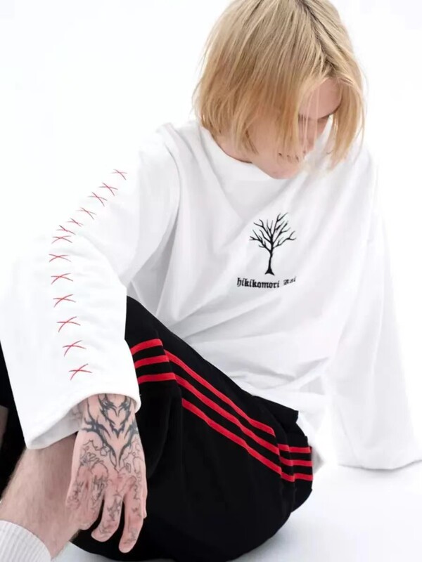 2024 Spring and Autumn Versatile Personality National Trend Street Pure Cotton Long Sleeve T-Shirt Casual Loose Trendy Fashion Cool Top