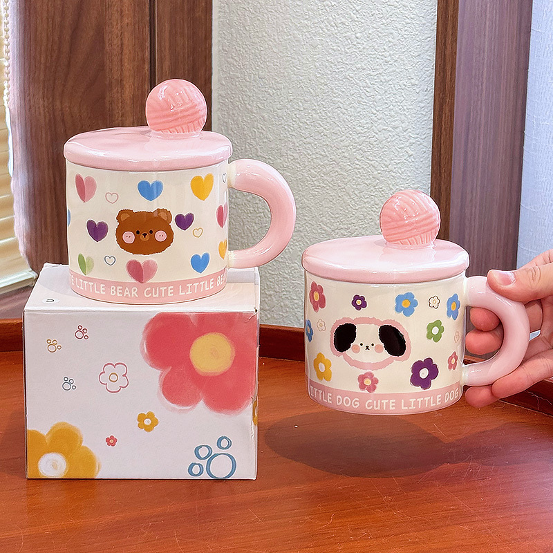 猫マグカップ蓋付きセラミックカップかわいい女性誕生日プレゼント子犬ベアー高颜値オフィスカップ|undefined