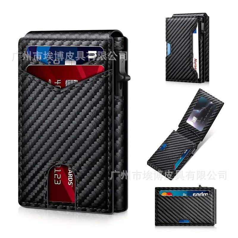 Ultra-Thin Metal Men's Wallet Rfid Anti-Theft Automatic Card Ejection Multi-Card Slot Genuine Leather Cross-Border Wallet Men's Premium