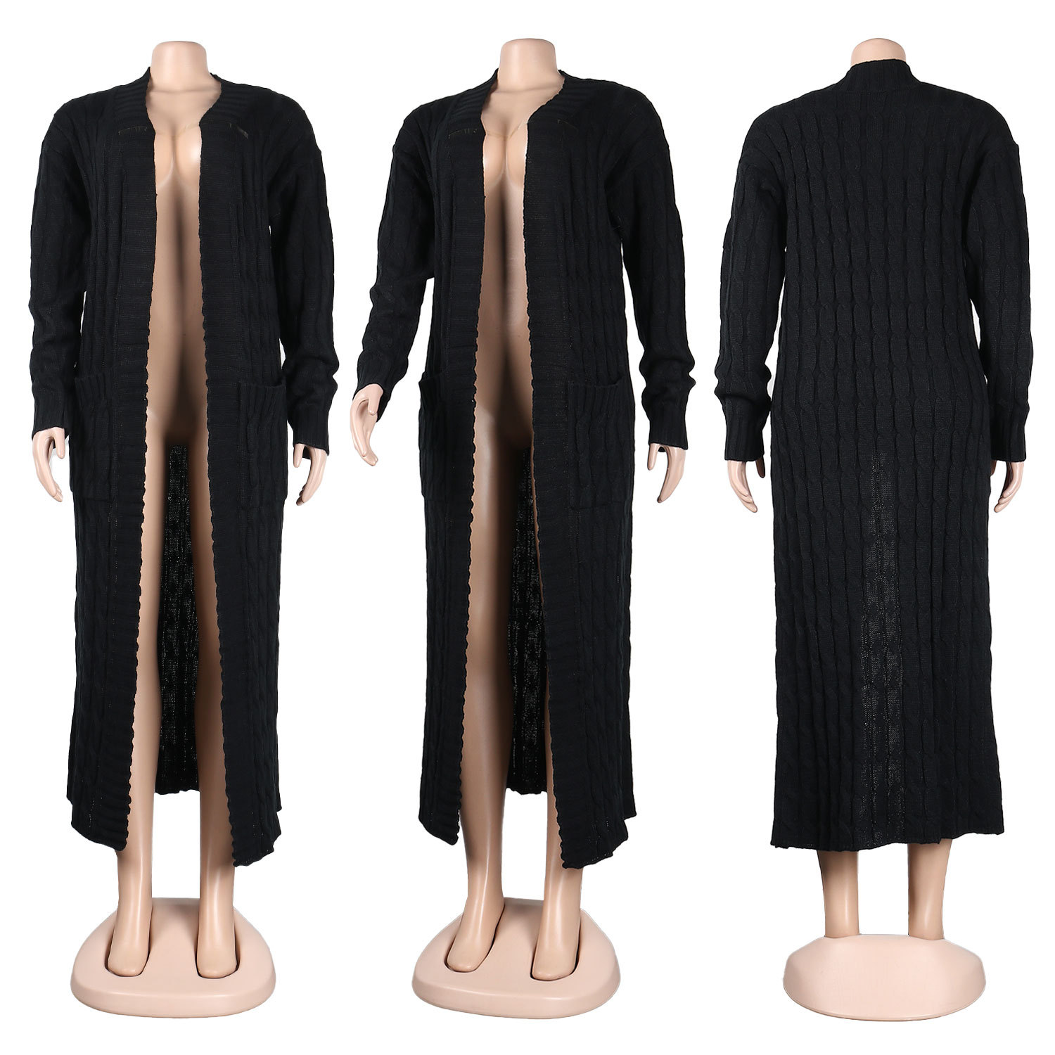Damen Strickjacke Lang Aus Grobstrick In Unifarben Wintermantel_voghion.com