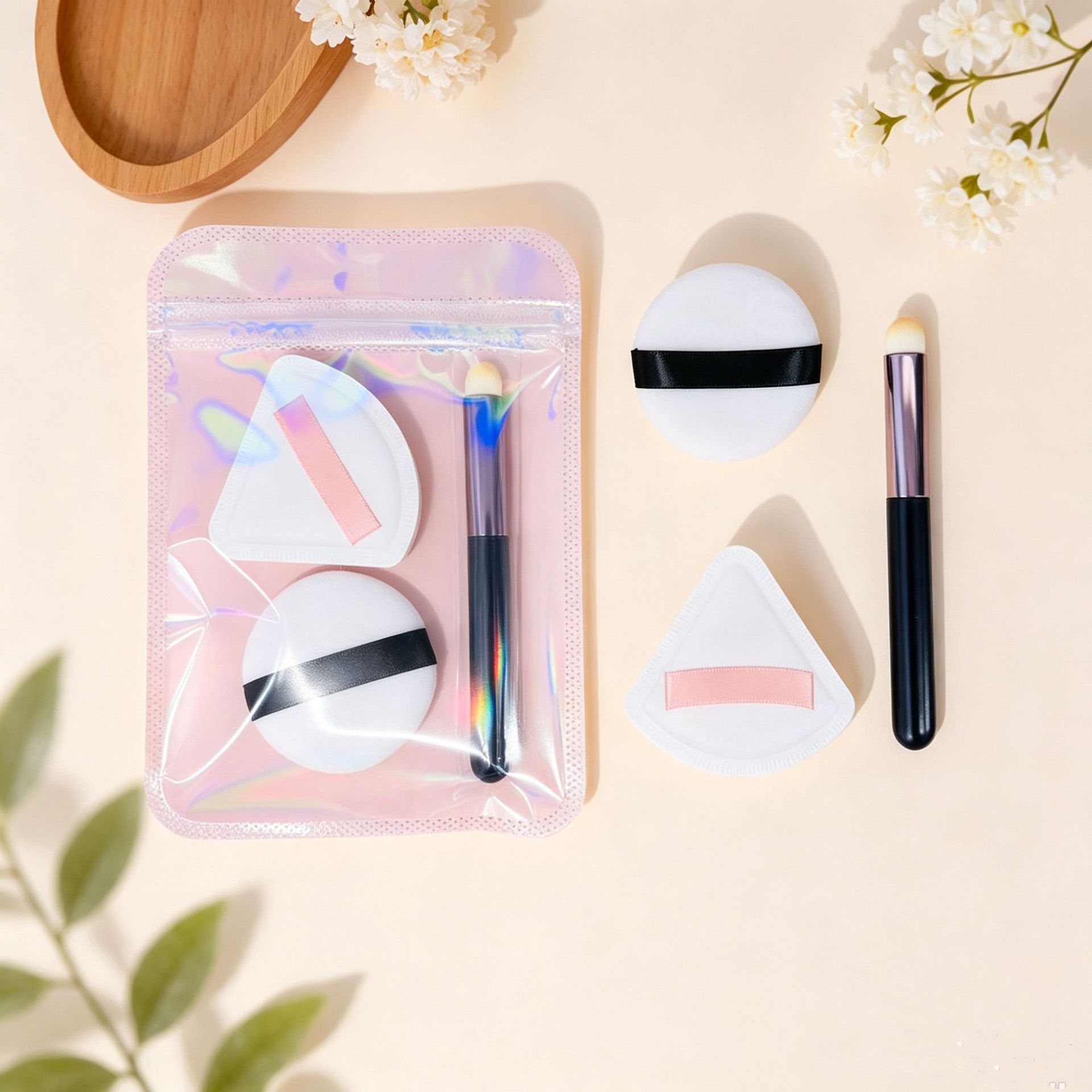 Disposable makeup tool set, loose powder puff, round-head lip brush, powder puff, portable, suitable for Hanfu-style photoshoots and beauty salons
