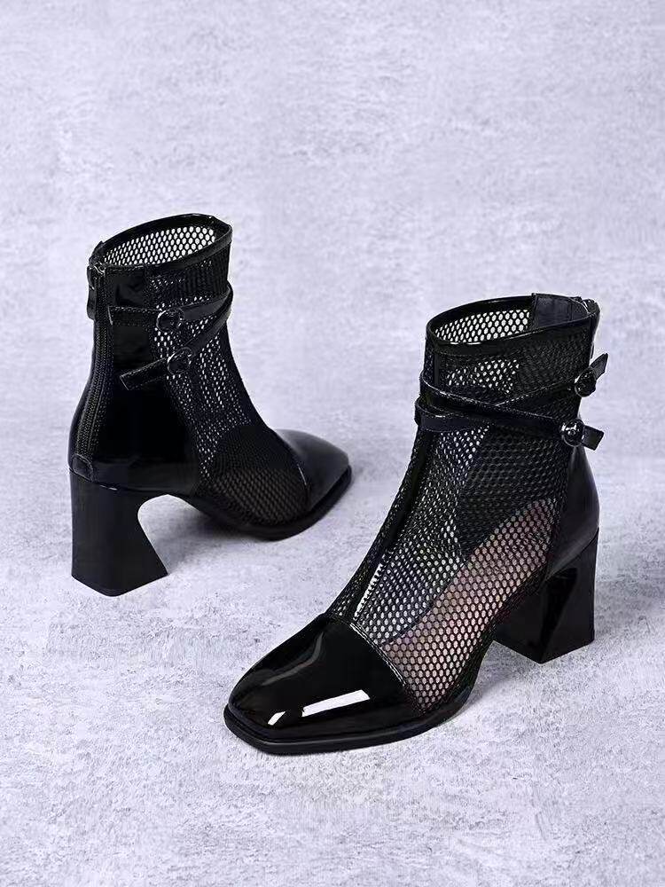 Sandal nữ da thật mũi vuông lưới thoáng khí gót thô đế mềm — Da sơn đen chi tiết 8