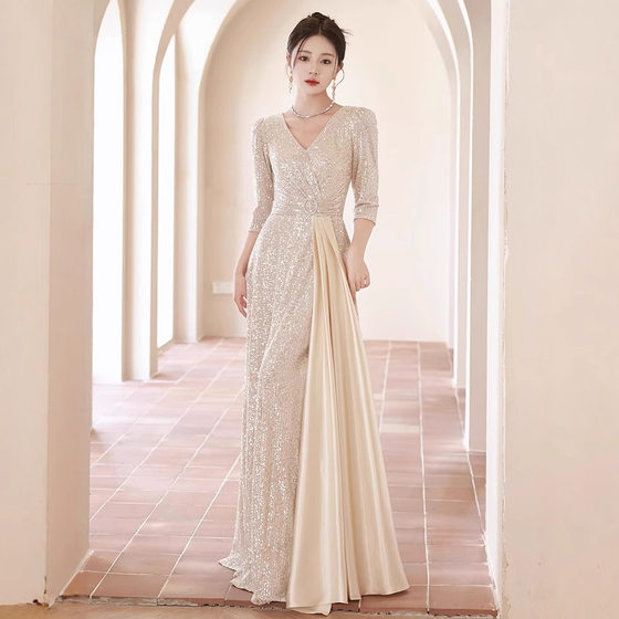 Champagne Evening Dress Women's 2024 New High-end Elegant Light Luxury Niche High-end Host Sequin Dress
