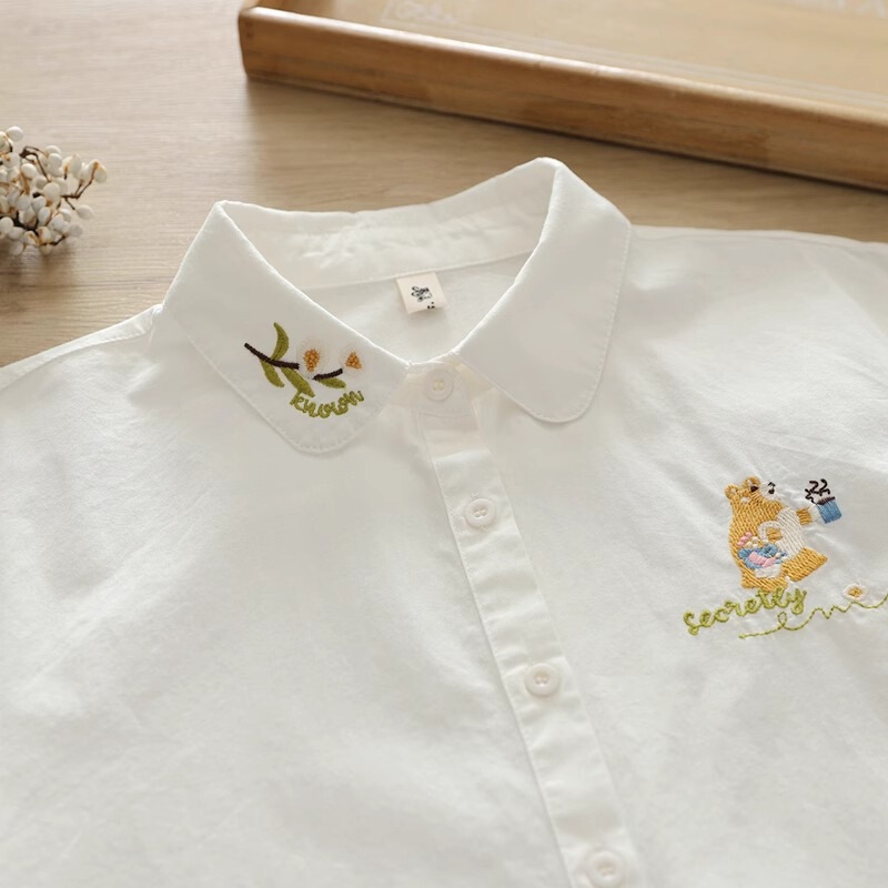 Spring and Autumn New Style Fresh Little Bear Embroidered Pure Cotton Long Sleeve Shirt for Female Students Versatile White Shirt