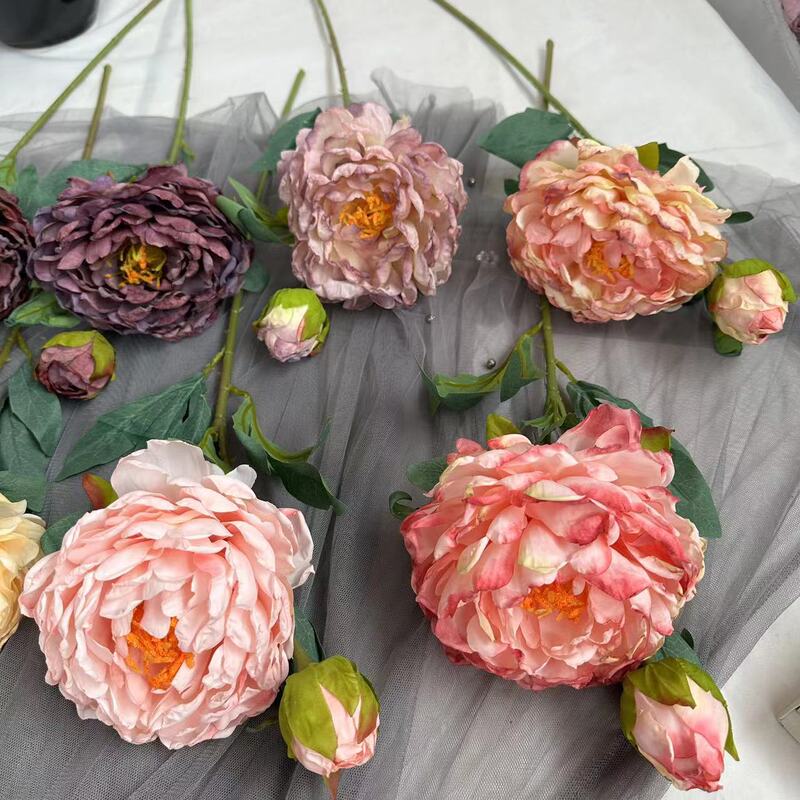 Jiao edge peony artificial flower retro style photo home decoration flower roasted edge peony silk flower wholesale oil painting peony flower