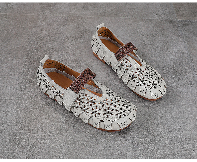 Sandal nữ da bò thật đế bệt phong cách retro họa tiết rỗ — màu trắng chi tiết 13