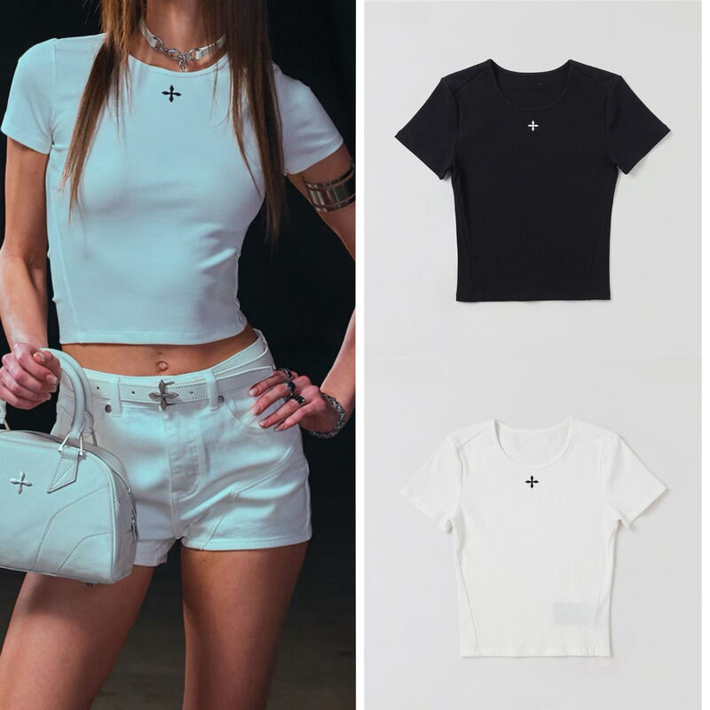 Sk Natural Balance Threaded Sports Tee Black and White Classic Versatile Top New Style