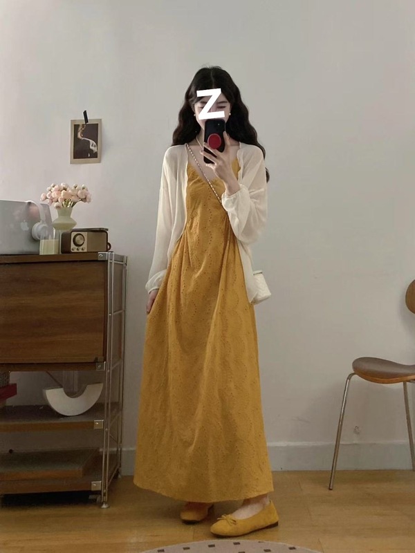 大码女装法式镂空连衣裙女夏季胖MM显瘦V领吊带裙子防晒开衫套装|undefined