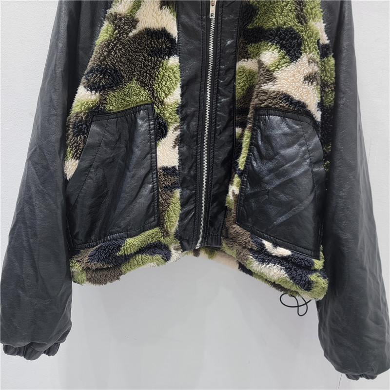 American retro cuero PU camuflaje ropa de algodón de peluche mujer moda coreana suelta abrigo de algodón caliente
