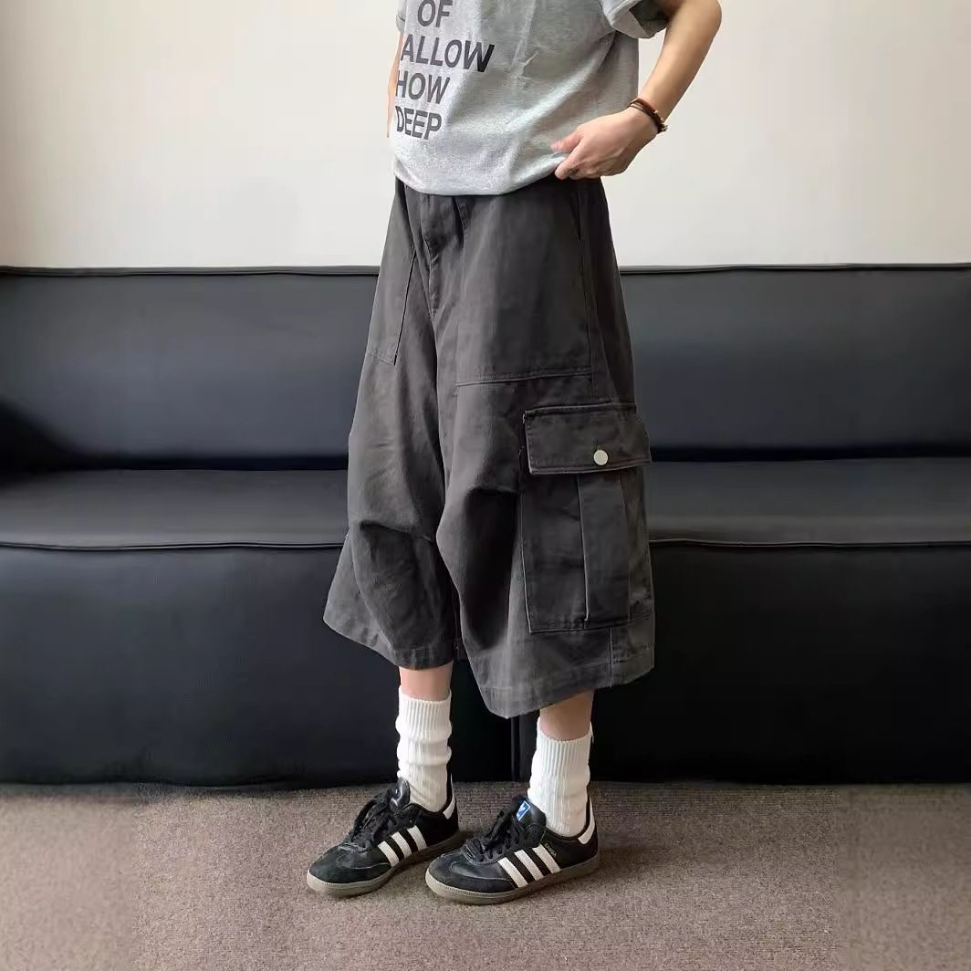 Summer New American Retro Large Flap Pocket Pants Cargo Shorts for Men and Women Street Fashion Brand Casual Loose Wide Leg Cropped Pants