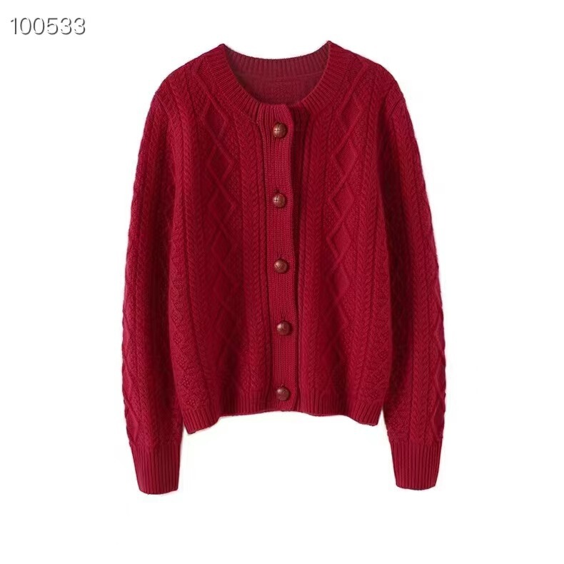 Early Autumn New Style Cashmere Cardigan for Women, Thickened, Short, Red, Loose Wool Knit Sweater Jacket, Size 23, Loose Fit