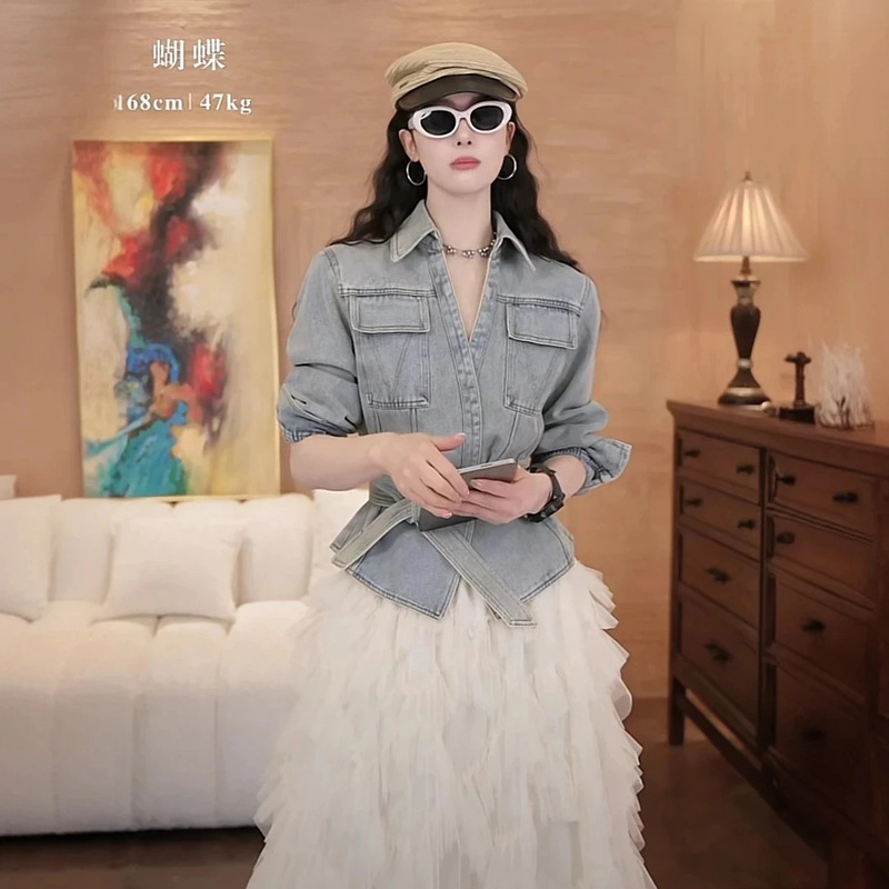 American-style Hong Kong-style Wash Denim Short Coat Women's Removable Waist Lace-up Cardigan 2025 Spring New Cake Skirt Two-piece Set