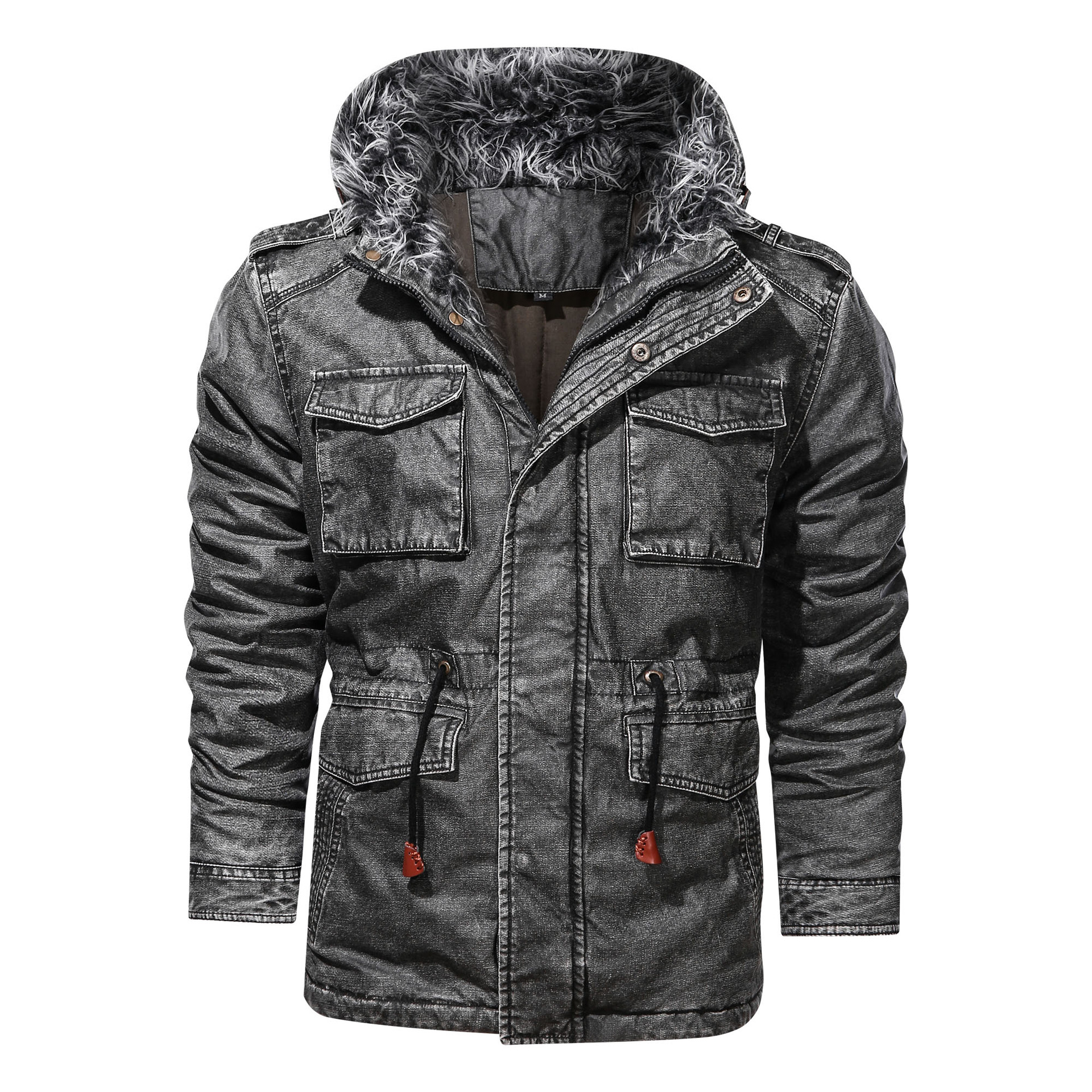 Giacca da lavoro personalizzata da uomo europeo casual multitasche con ampio collo in pelliccia, di media lunghezza, in cotone, trendy, taglie forti_voghion.com