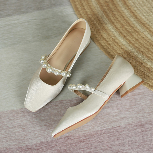 Fuhao women's new spring shoes  with pearls and belt satin square-toe low-heeled casual shoes