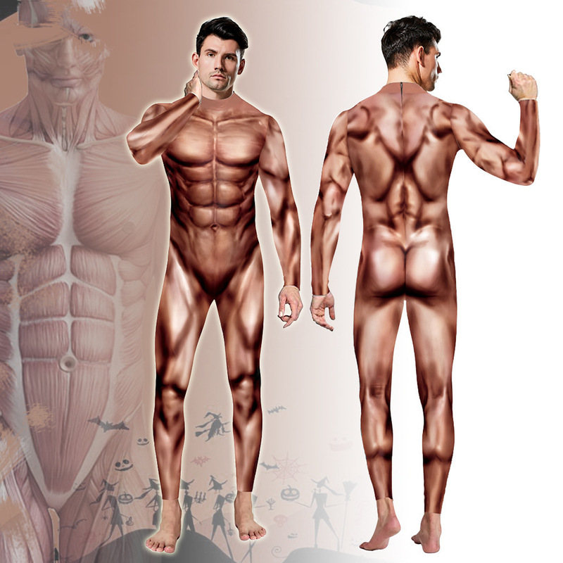 European and American New Halloween Muscle Cos Stage Performance Costumes Funny Costumes Printed Bodysuit for Men and Women