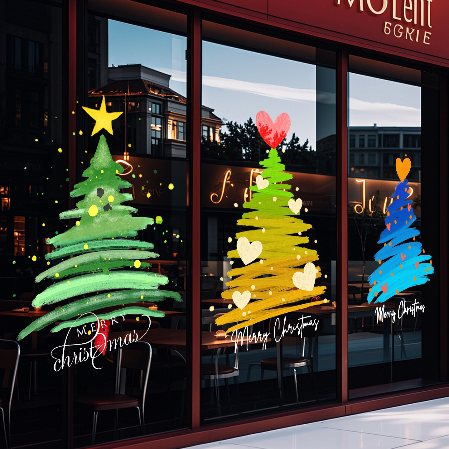 圣诞节彩色圣诞树橱窗玻璃贴纸静电贴窗贴窗花贴纸2026新款门贴