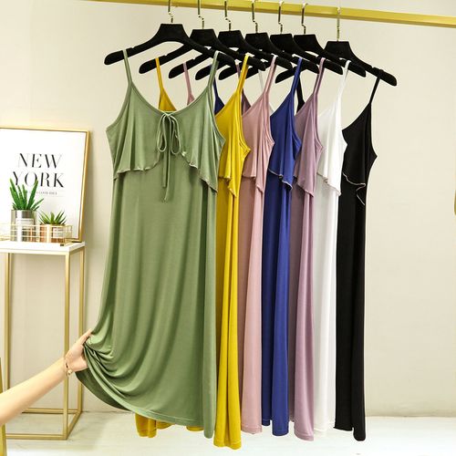 Modal Sweet Ruffled Lace-up Camisole Dress Summer Thin Sleeveless Dress Loose-Fitting Slimming Lounge Dress