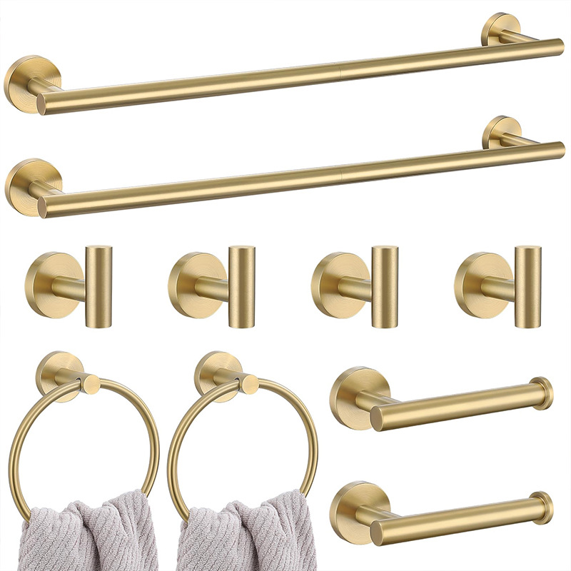 Baño transfronterizo Juego de colgantes de oro cepillado de acero inoxidable Barra de toalla Anillo de toalla Soporte de rollo de papel Gancho para ropa Kit de baño