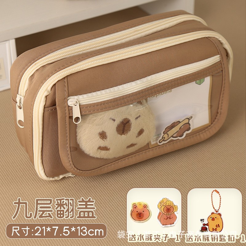 Estuche de lápices Capibara, nueve compartimentos, café Maillard, multifuncional