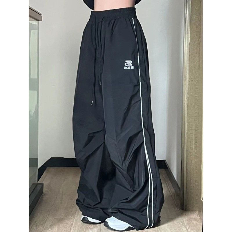 American Retro Wide-Leg Pants with Striped Patchwork, Floor-Length Drawstring Jogger Pants, Loose Harajuku Street Casual Pants for Women