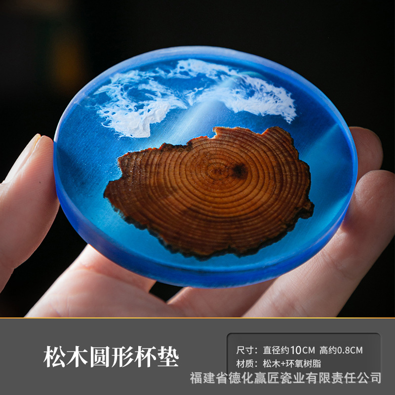 Cruz-frontera norte de pino epoxi resina río montaña azul estera de aislamiento olla teniendo madera maciza Zen onda titular de la taza